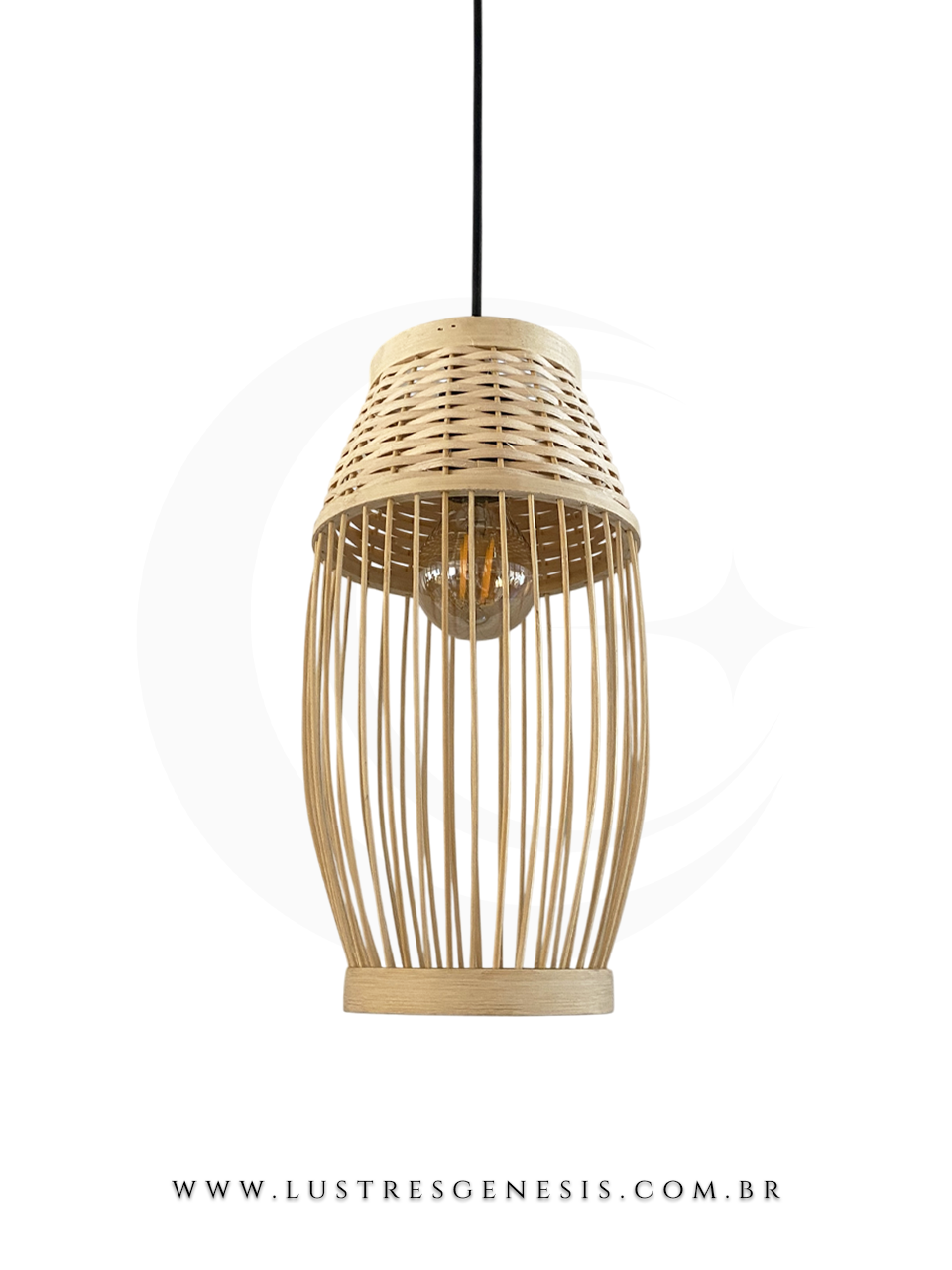 Pendente de teto grande em bambu, modelo Drum, iluminado, ideal para mesas, balcão de cozinha, área gourmet e sítio.
